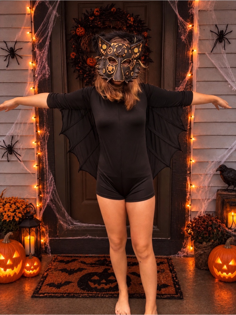 Halloween | Teen Girls Bat Bodysuit Costume and Steampunk Mask | Size 12/14